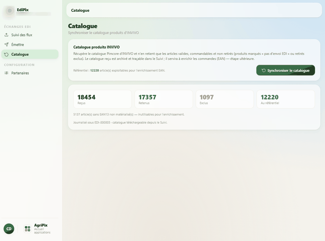 EdiPix — écran Catalogue : synchronisation du catalogue produits du donneur d'ordre, articles reçus, retenus, exclus et versés au référentiel