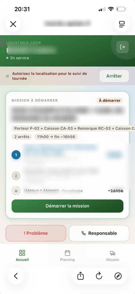 LogiPix — application chauffeur : la mission du jour étape par étape (données adhérents masquées)
